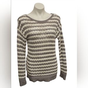 LOFT Gray and Cream Crew Neck Sweater with Wavy Stripes